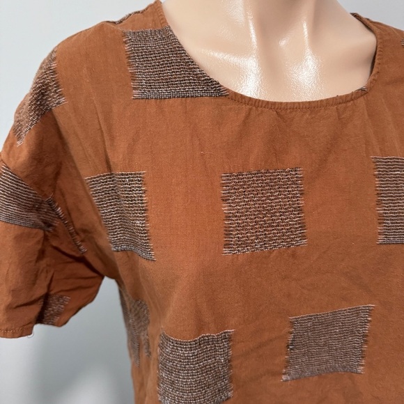 Roolee Wallace Button Back Patchworck Brown Short Sleeve Top Shirt Small Fall - Picture 4 of 6
